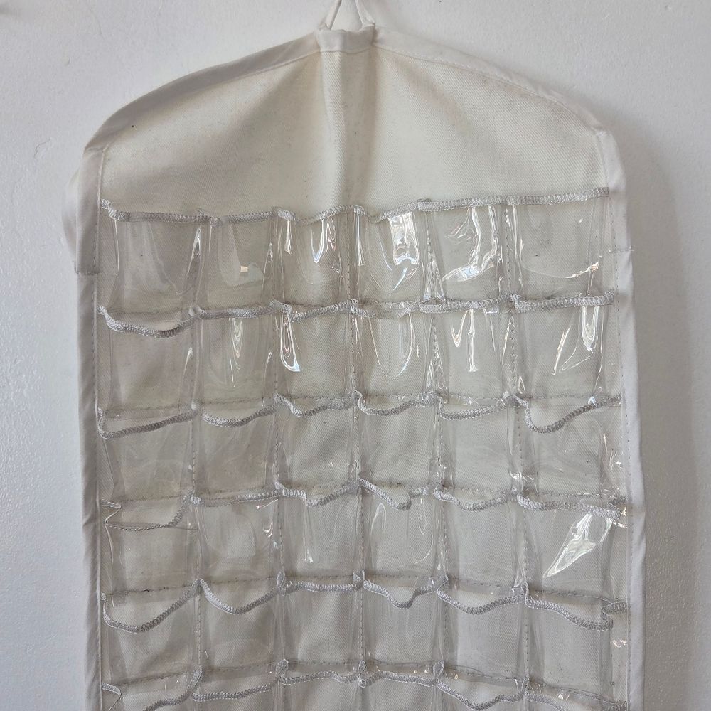 72 Slot Jewelry Organizer Hanging Closet Door White Fabric Clear Plastic - Picture 2 of 7